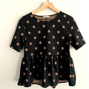 ZARA Women's Blouse Short Sleeve Polka Dot Peplum Black Brown Size Small
